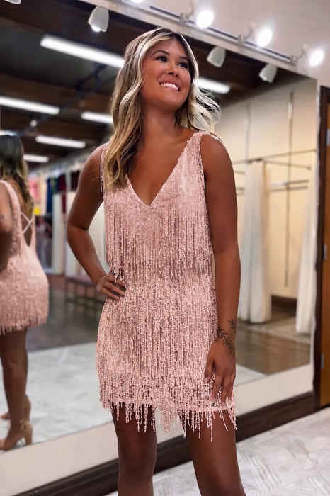 Dusty Rose V-Neck Backless Tight Short Homecoming Dress with Fringes
