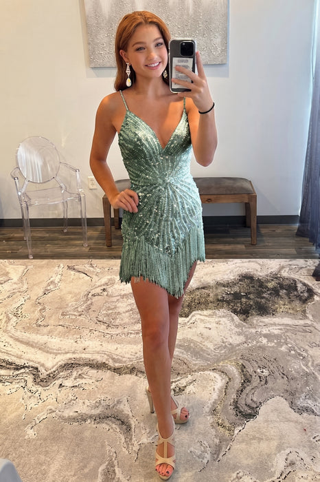Dusty Sage Sparkly Beaded Tight Short Homecoming Dress with Fringes