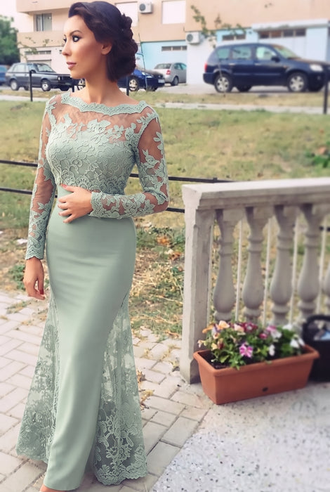 Dusty Sage Trumpet/Mermaid Bateau Long Sleeves Applique Lace Dresses - Prom Dresses