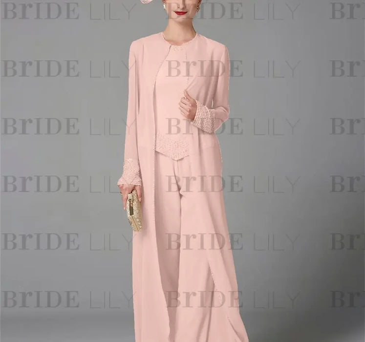 Long-Sleeve Chiffon Mother of the Bride Pantsuit with Jacket and Sequins
