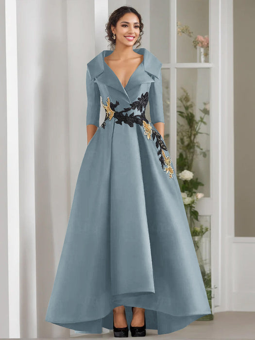 V-Neck A-Line Princess Floor-Length Mother of the Bride Dress with 3/4 Sleeves Appliques and Beading