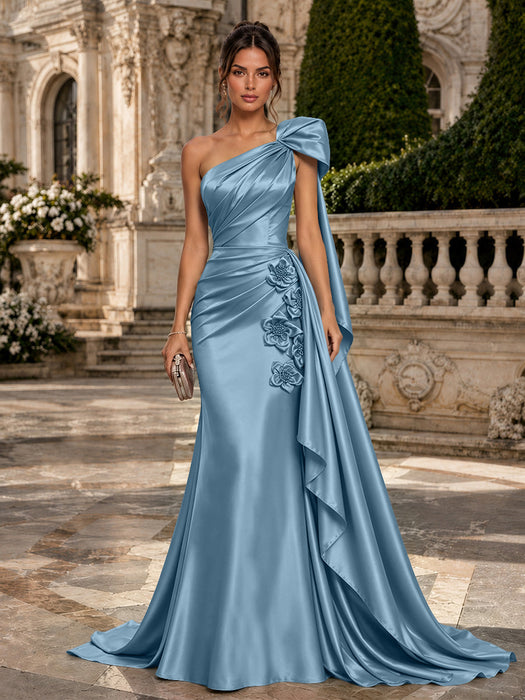 Dusty Blue One Shoulder Satin Mermaid Evening Dresses with 3D Flowers