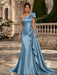 Dusty Blue One Shoulder Satin Mermaid Evening Dresses with 3D Flowers