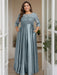 Dusty Blue Plus Size Floor-Length Mother of the Bride A-Line Dress with 3/4 Sleeves Scoop Neck Bow & Sequins