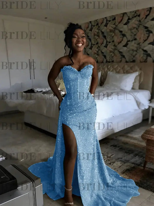 Dusty Blue Sparkly Strapless Mermaid Sequined Prom Dress with Slit