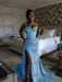 Dusty Blue Sparkly Strapless Mermaid Sequined Prom Dress with Slit