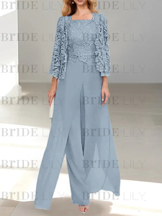 Floor-Length Square Neck Chiffon Mother of the Bride Pantsuit with Jacket & Side Split