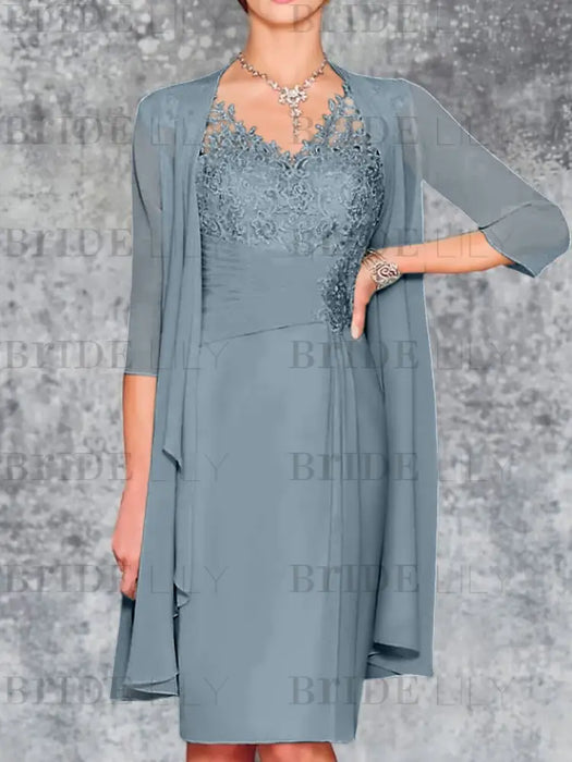 Dusty Blue Knee-Length V-Neck Sheath/Column Mother of the Bride Dresses