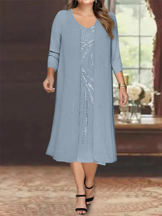 Dusty Blue V-Neck Long-Sleeve Tea-Length Plus Size Mother of the Bride Dress with Jacket and Sequins