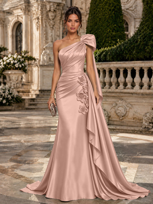 Dusty Pink One Shoulder Satin Mermaid Evening Dresses with 3D Flowers
