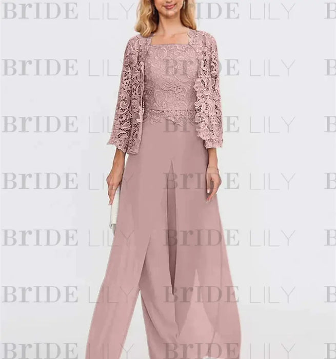 Floor-Length Square Neck Chiffon Mother of the Bride Pantsuit with Jacket & Side Split