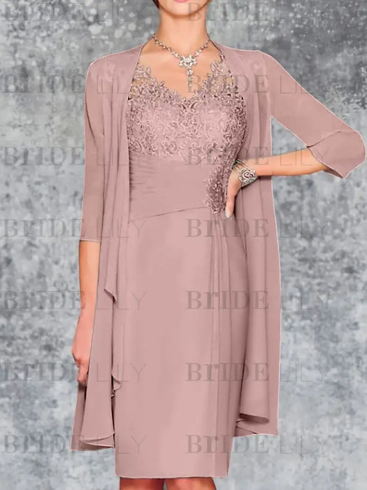 Dusty Pink Knee-Length V-Neck Sheath/Column Mother of the Bride Dresses