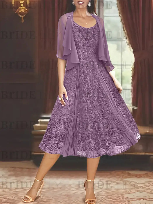 Princess A-Line Tea-Length Mother of the Bride Dress with Scoop Neck Half Sleeves Appliques and Jacket