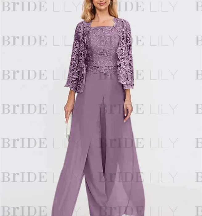 Floor-Length Square Neck Chiffon Mother of the Bride Pantsuit with Jacket & Side Split