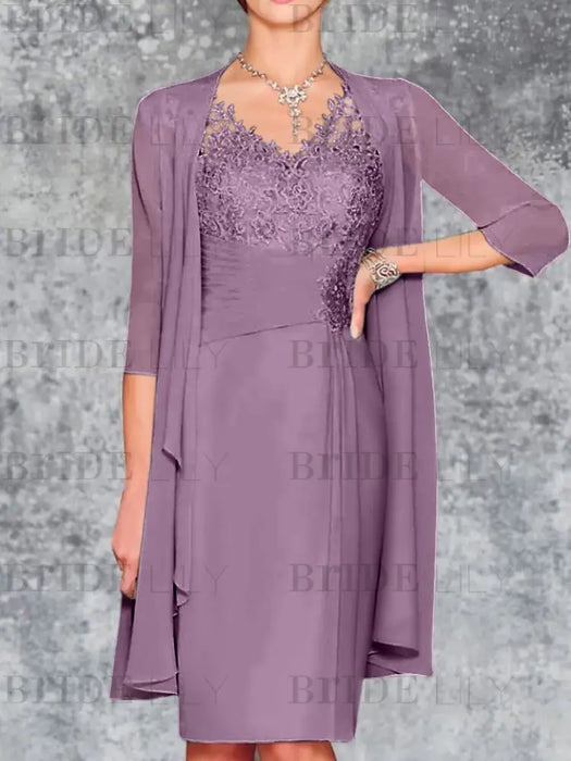 Dusty Purple Knee-Length V-Neck Sheath/Column Mother of the Bride Dresses