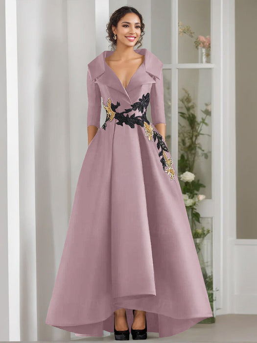 V-Neck A-Line Princess Floor-Length Mother of the Bride Dress with 3/4 Sleeves Appliques and Beading