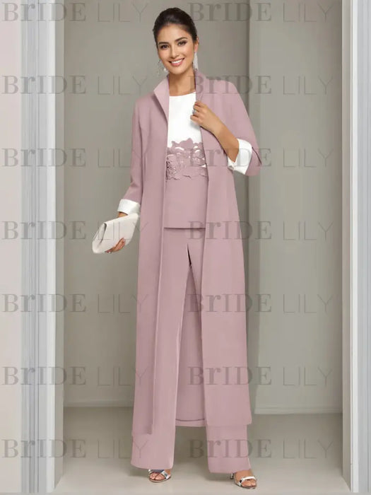 Ankle-Length Mother of the Bride Pantsuits in 3 Pieces Featuring Square Neck Jacket & Lace Appliques