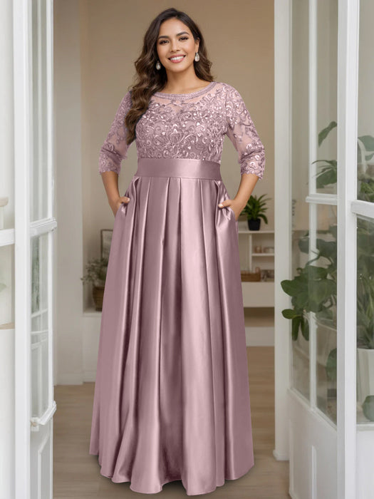 Dusty Rose Plus Size Floor-Length Mother of the Bride A-Line Dress with 3/4 Sleeves Scoop Neck Bow & Sequins