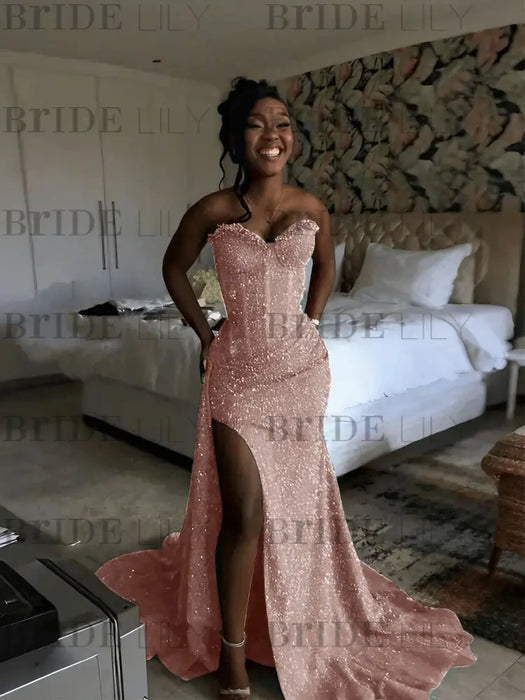 Dusty Rose Sparkly Strapless Mermaid Sequined Prom Dress with Slit