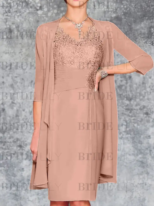 Dusty Rose Knee-Length V-Neck Sheath/Column Mother of the Bride Dresses