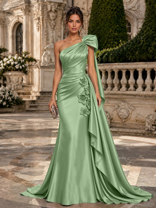 Dusty Sage One Shoulder Satin Mermaid Evening Dresses with 3D Flowers
