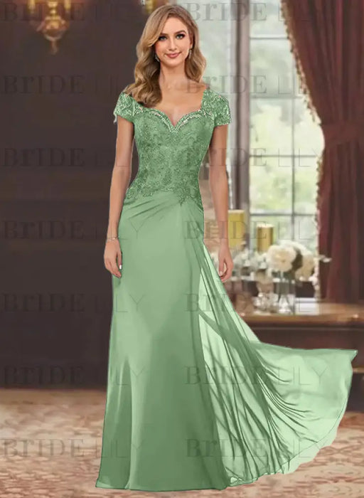 Sweetheart Short-Sleeve Floor-Length Sheath Mother of the Bride Dress with Lace Appliques & Sequins