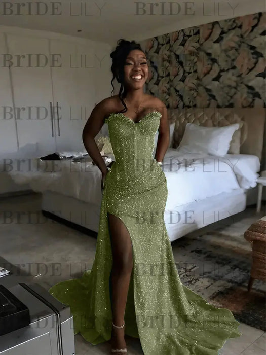 Dusty Sage Sparkly Strapless Mermaid Sequined Prom Dress with Slit