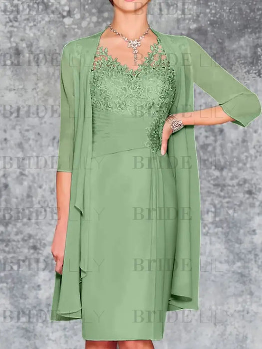 Dusty Sage Knee-Length V-Neck Sheath/Column Mother of the Bride Dresses