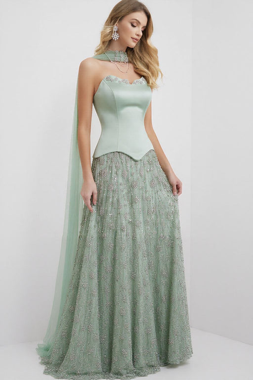 Dusty Sage Strapless Satin Floor-Length A-Line Prom Dress with Beasings