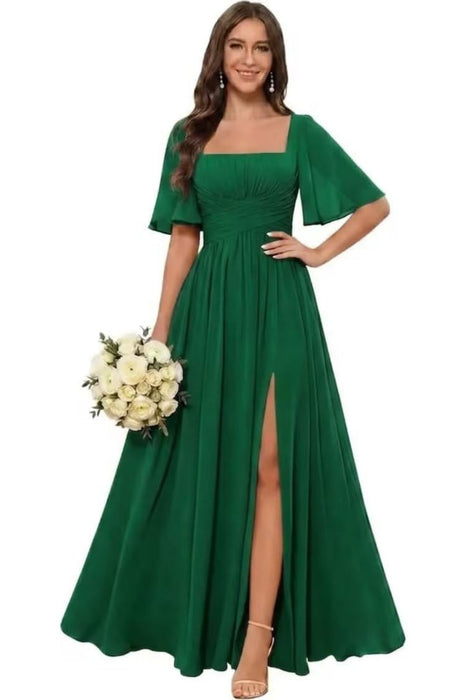 Square Neck Ruffle Sleeve Chiffon Bridesmaid Dress with Slit