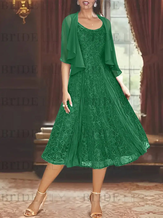 Princess A-Line Tea-Length Mother of the Bride Dress with Scoop Neck Half Sleeves Appliques and Jacket