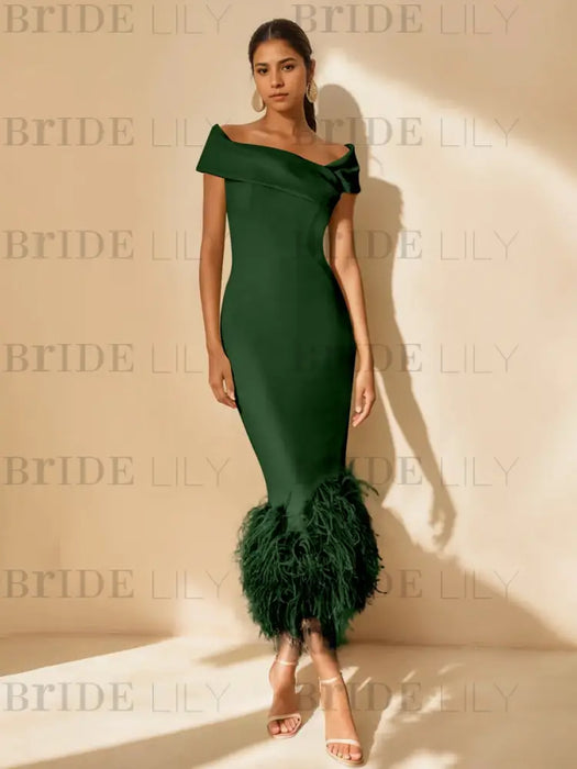 Unique Off-the-Shoulder Tea-Length Mother of the Bride Dress with Short Sleeves and Feathers