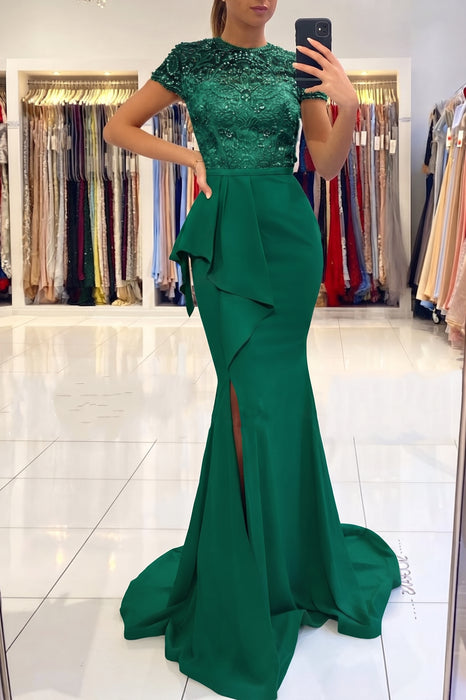Emerald Short Sleeve Lace Mermaid Prom Dress with Slit