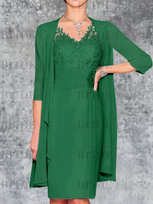 Emerald Knee-Length V-Neck Sheath/Column Mother of the Bride Dresses