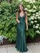 Emerald Green V-neck Beaded Satin A Line Prom Dress