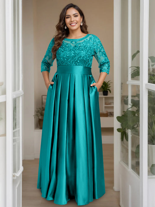 Green Plus Size Floor-Length Mother of the Bride A-Line Dress with 3/4 Sleeves Scoop Neck Bow & Sequins