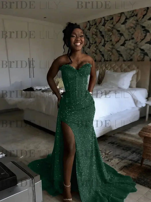 Emerald Green Sparkly Strapless Mermaid Sequined Prom Dress with Slit