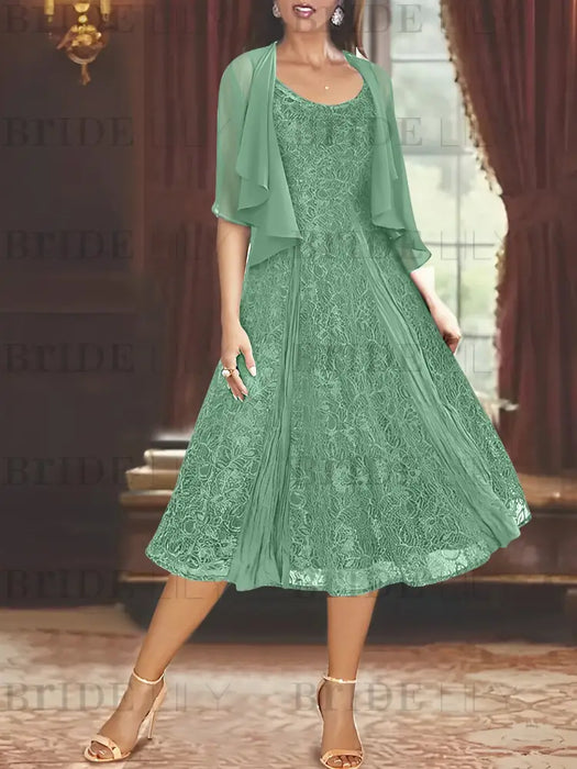 Princess A-Line Tea-Length Mother of the Bride Dress with Scoop Neck Half Sleeves Appliques and Jacket