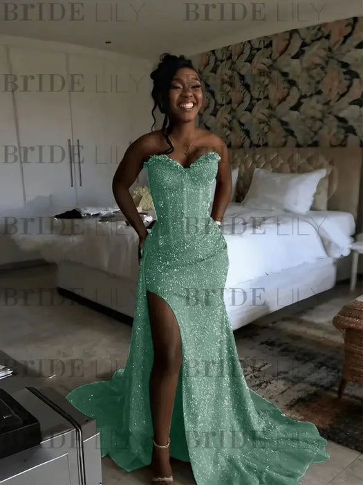 Eucalyptus Sparkly Strapless Mermaid Sequined Prom Dress with Slit