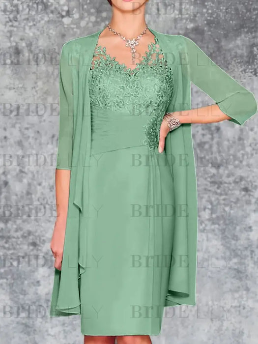 Eucalyptus Knee-Length V-Neck Sheath/Column Mother of the Bride Dresses