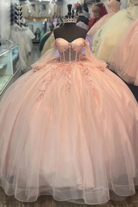 Off-the-Shoulder 3D Floral Quinceanera Dress Sweet 16 Ball Gown with Beadings