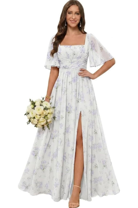 Square Neck Ruffle Sleeve Chiffon Bridesmaid Dress with Slit