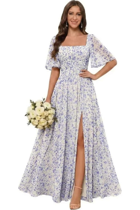 Square Neck Ruffle Sleeve Chiffon Bridesmaid Dress with Slit