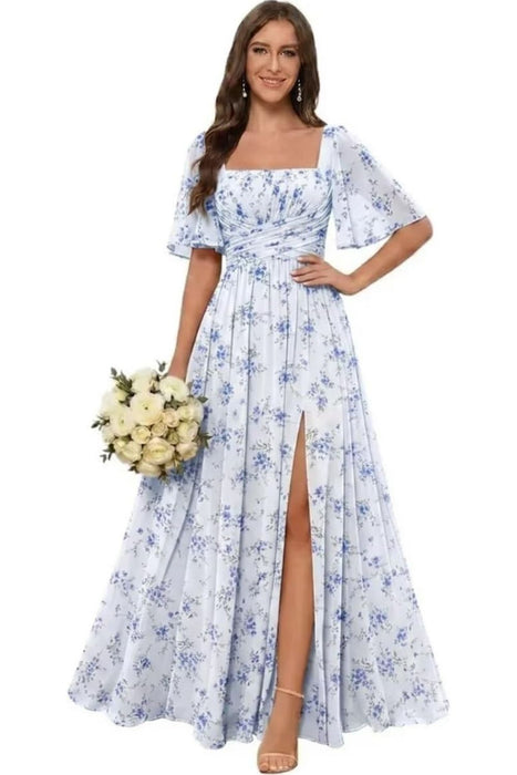 Square Neck Ruffle Sleeve Chiffon Bridesmaid Dress with Slit