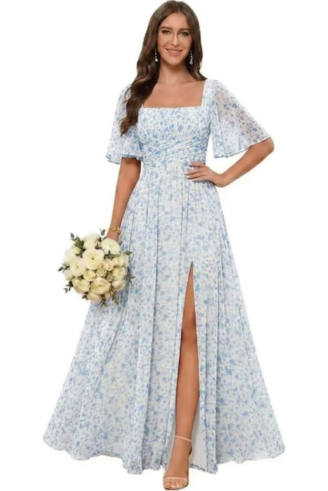 Square Neck Ruffle Sleeve Chiffon Bridesmaid Dress with Slit