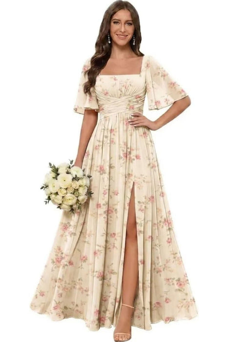 Square Neck Ruffle Sleeve Chiffon Bridesmaid Dress with Slit