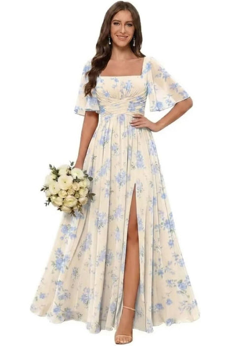 Square Neck Ruffle Sleeve Chiffon Bridesmaid Dress with Slit