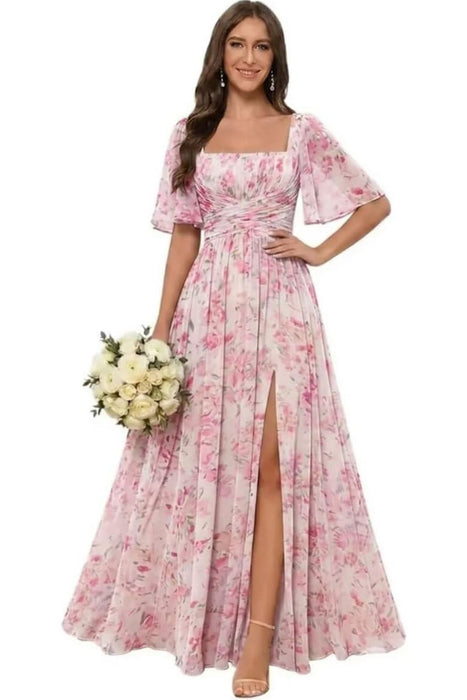 Square Neck Ruffle Sleeve Chiffon Bridesmaid Dress with Slit