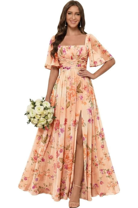 Square Neck Ruffle Sleeve Chiffon Bridesmaid Dress with Slit