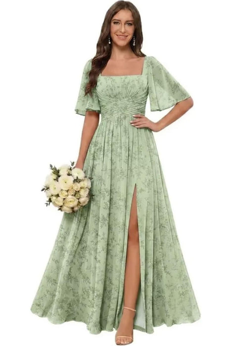 Square Neck Ruffle Sleeve Chiffon Bridesmaid Dress with Slit